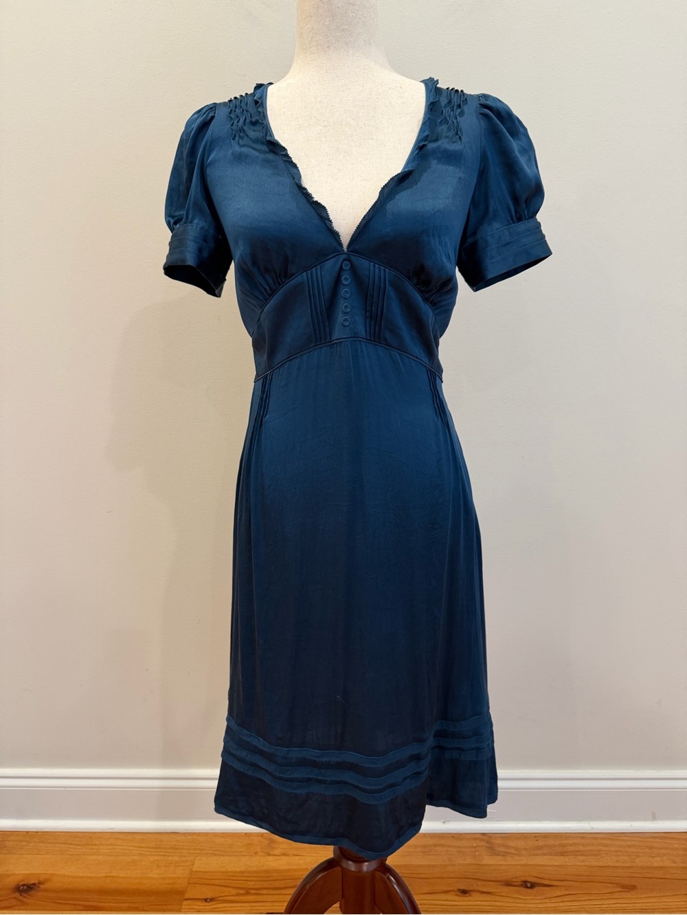 Vtg Y2K Juicy Couture Babydoll Dress 6 Teal Silk Satin Empire Tie Back V Neck
